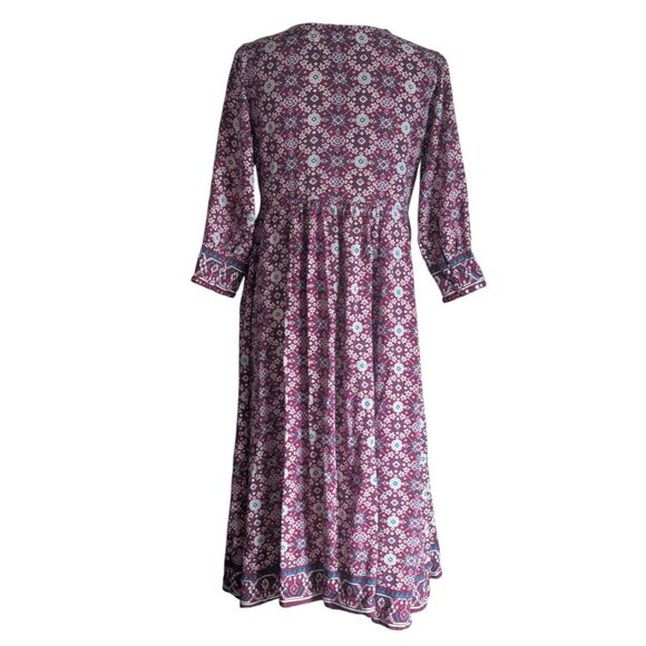 Fusion Boho Tribal Geometric Print Midi Dress M V-Neck 3/4 Sleeve - Picture 6 of 6